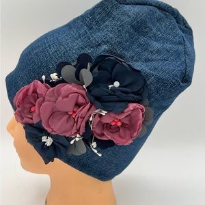 Hand made slauchy beanie hat decorated with fabric flowers